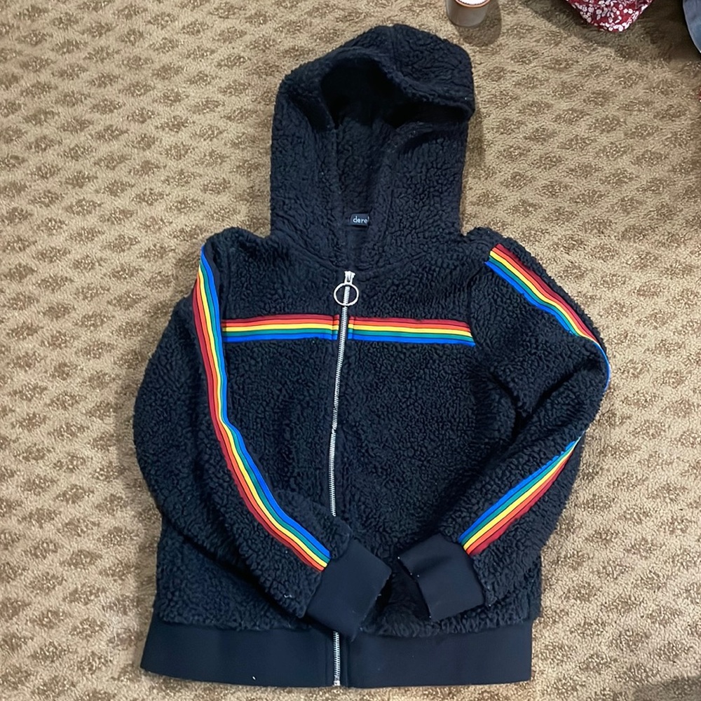 Teddy coat with rainbow striped sleeves